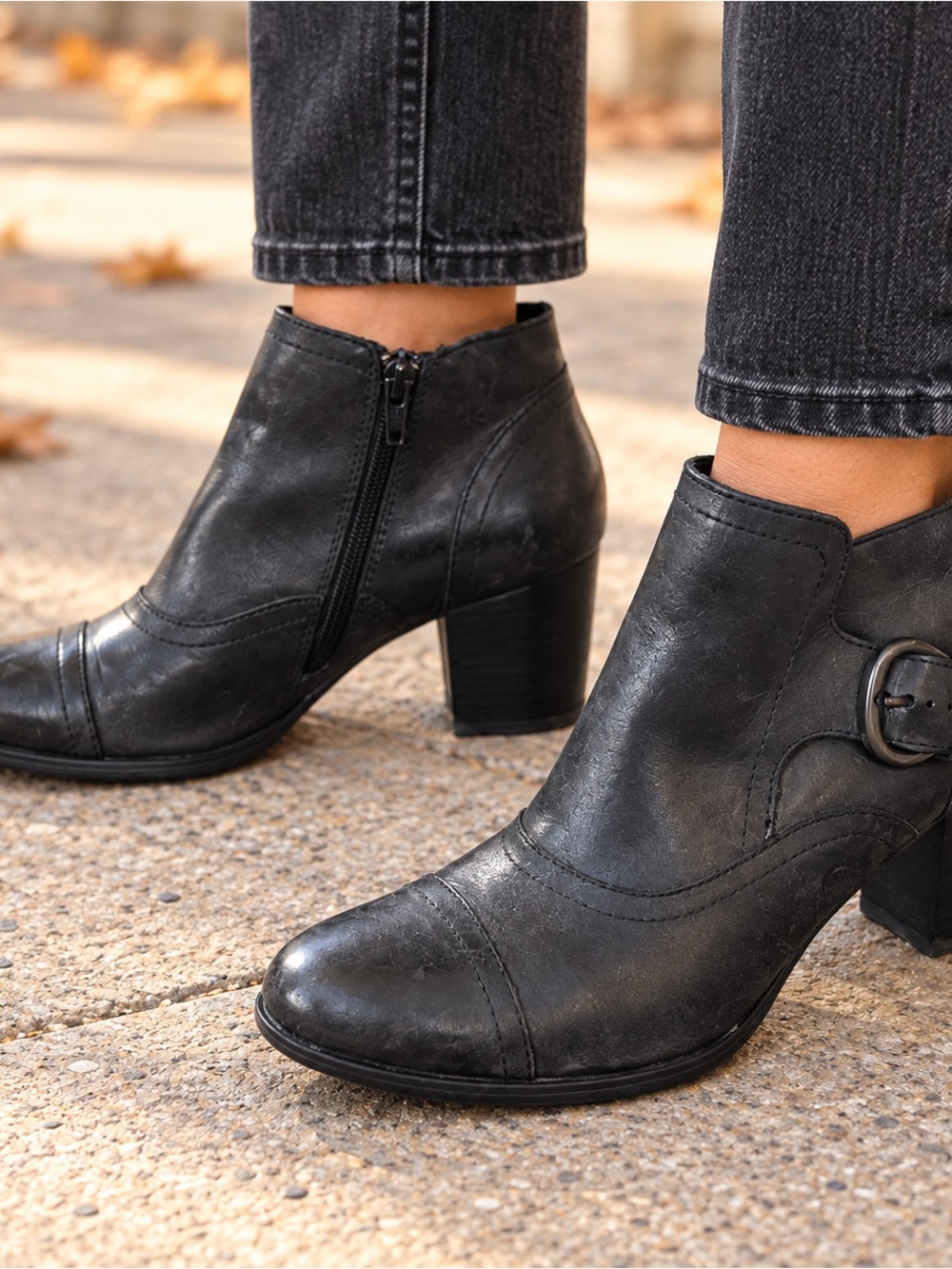 Born Black Leather Ankle Booties with Side Zip and Buckle Accent